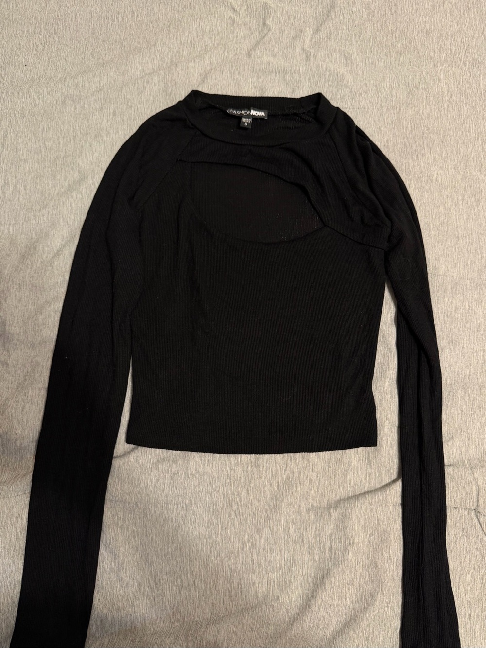 Black Ribbed Cutout Long-Sleeve Top